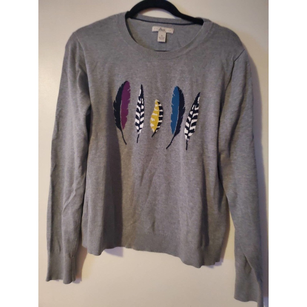 Bass 100% Cotton XL Lightweight Knit Colorful Feathers Print Gray Sweater